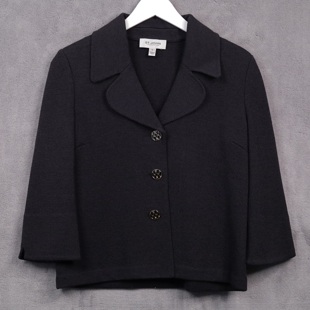 ST JOHN COLLECTION Santana Knit Wool Blend Blazer Jacket Designer Black Sz 6